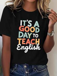 Ligera y transpirable, adopta una actitud positiva, hoy es un buen día para enseñar inglés, camiseta de mujer de corte holgado con estampado de texto, cuello redondo, estilo casual, para primavera y verano, ideal para combinar en conjuntos de primavera y otoño. - Negro - Ver 1