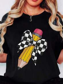 Short-Sleeved T-Shirt With Pencil Print And Plaid Bow - Women's Casual Clothing, Perfect For School, Everyday Outfits And Creative Themes. - 黑色 - 查看 1