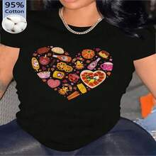 Women's Sexy Casual Cotton Round Neck Short Sleeve T-Shirt With Unique Heart Print - 黑色 - 查看 1