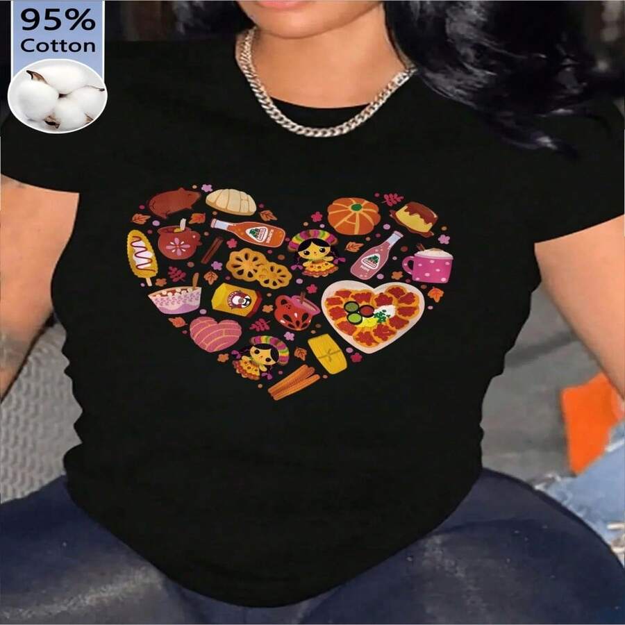 Women's Sexy Casual Cotton Round Neck Short Sleeve T-Shirt With Unique Heart Print - 黑色 - 查看 1