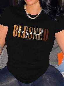 Spring Summer Women'S Casual Short-Sleeved T-Shirt, Printed With Blessing Letters, Round Neck Design - Black - View 1