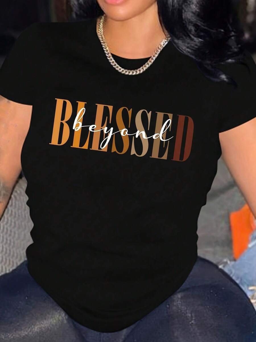 Spring Summer Women'S Casual Short-Sleeved T-Shirt, Printed With Blessing Letters, Round Neck Design - Black - View 1