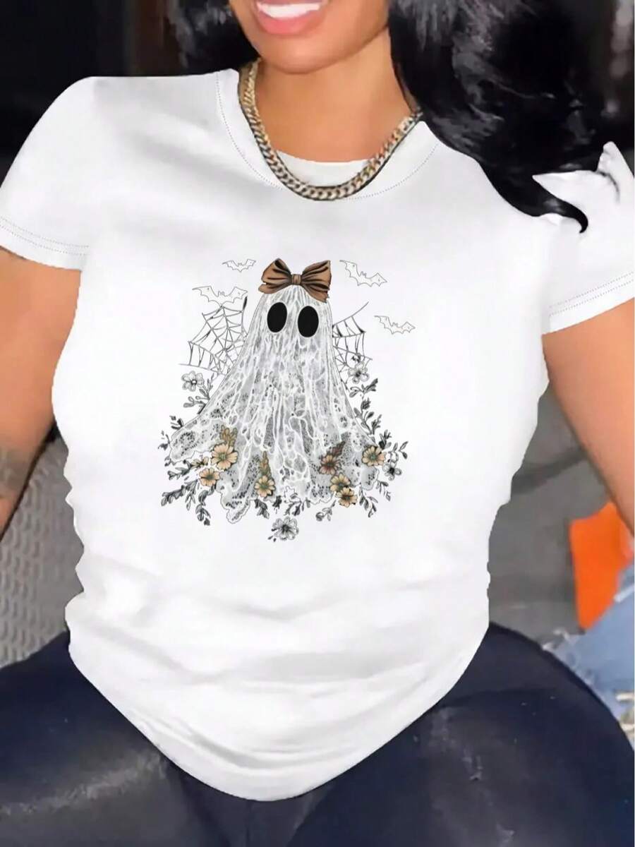 1 camiseta de manga corta casual para mujer de Halloween, 100% algodón puro - cuello redondo cómodo, top suave y lindo, 180g de algodón 100%. - Blanco - Ver 1