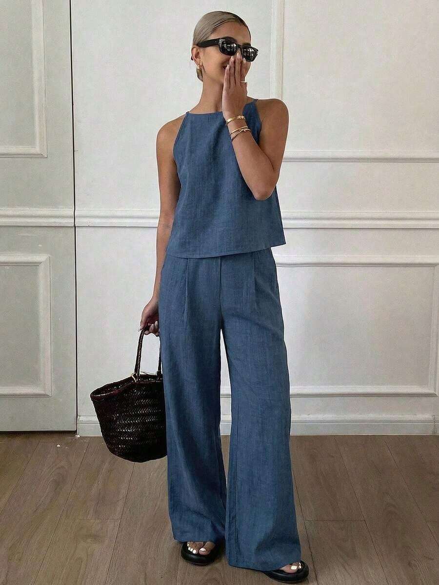 Conjunto de 2 piezas de top de tirantes finos a rayas y pantalones para mujer, conjunto de prendas de estar en casa para mujer - Azul marino - Ver 1