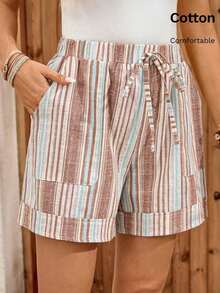 Pantalones cortos casuales de mujer con bolsillos y cintura con lazo a rayas - Multicolor - Ver 1