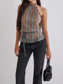 Women's Halter Neck Tank Top Sleeveless Open Back Ruched Cami Top Y2K Ruffle Hem Peplum Shirts With Tie Waist - Multicolor - View 3