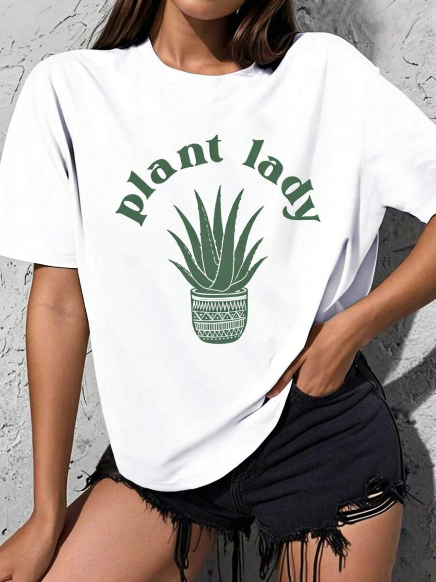 Plus Size Women's One-Piece Leisure Garment, Winter Clothing - Loose Fit, "Plant Lady" Aloe Vera Print, Casual Everyday Wear For Plant Lovers, Round Neck, Short Sleeves, Casual Top, Fun Design, Stylish Party Wear, Holiday Gift, Daily Wear, Loungewear. Printed, Simple, Versatile, Loose Fit, Fitted Top With Round Neck. - 白色 - 查看 1