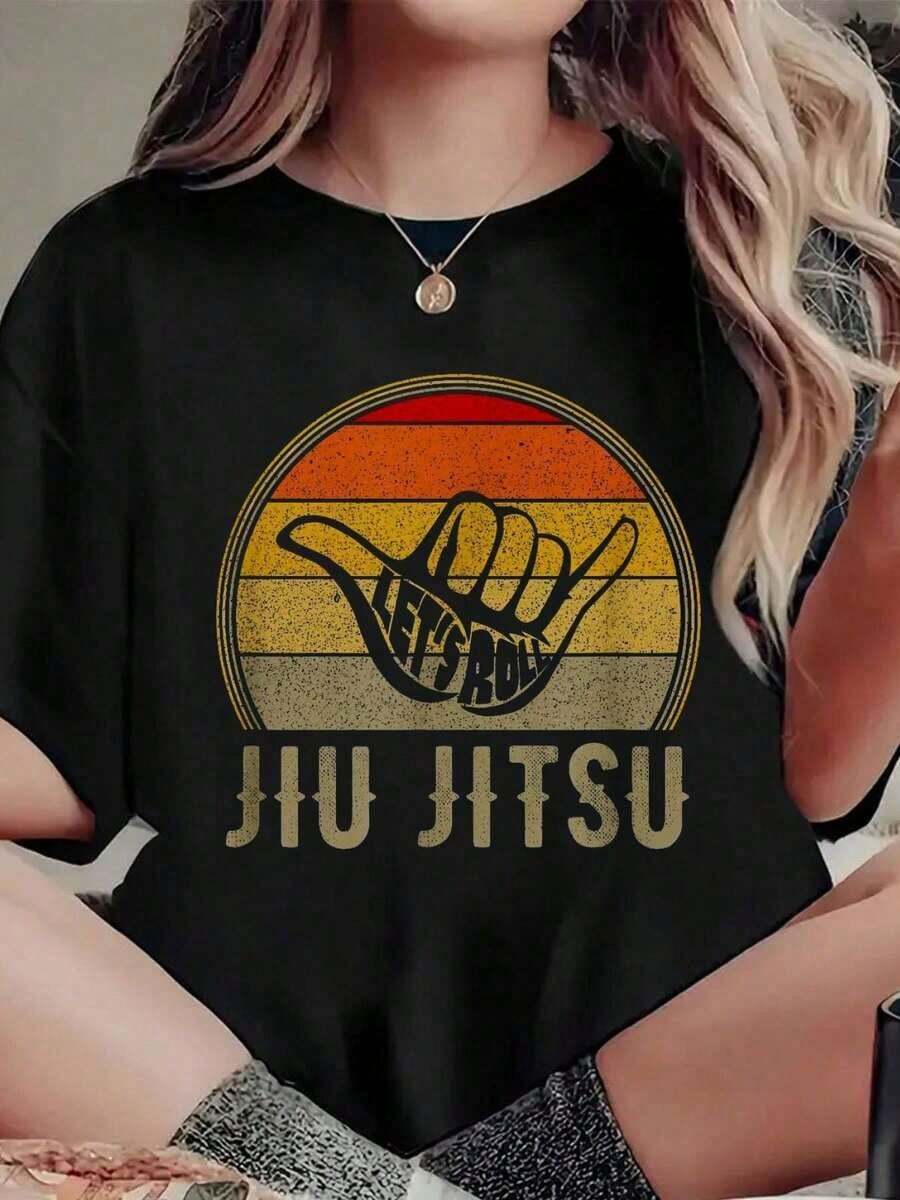 Funny Martial Arts T-Shirt "Let'S Roll Jiu Jitsu" With Vintage Sunset Design, Round Neck, Short Sleeve, Casual Summer Style - 黑色 - 查看 1