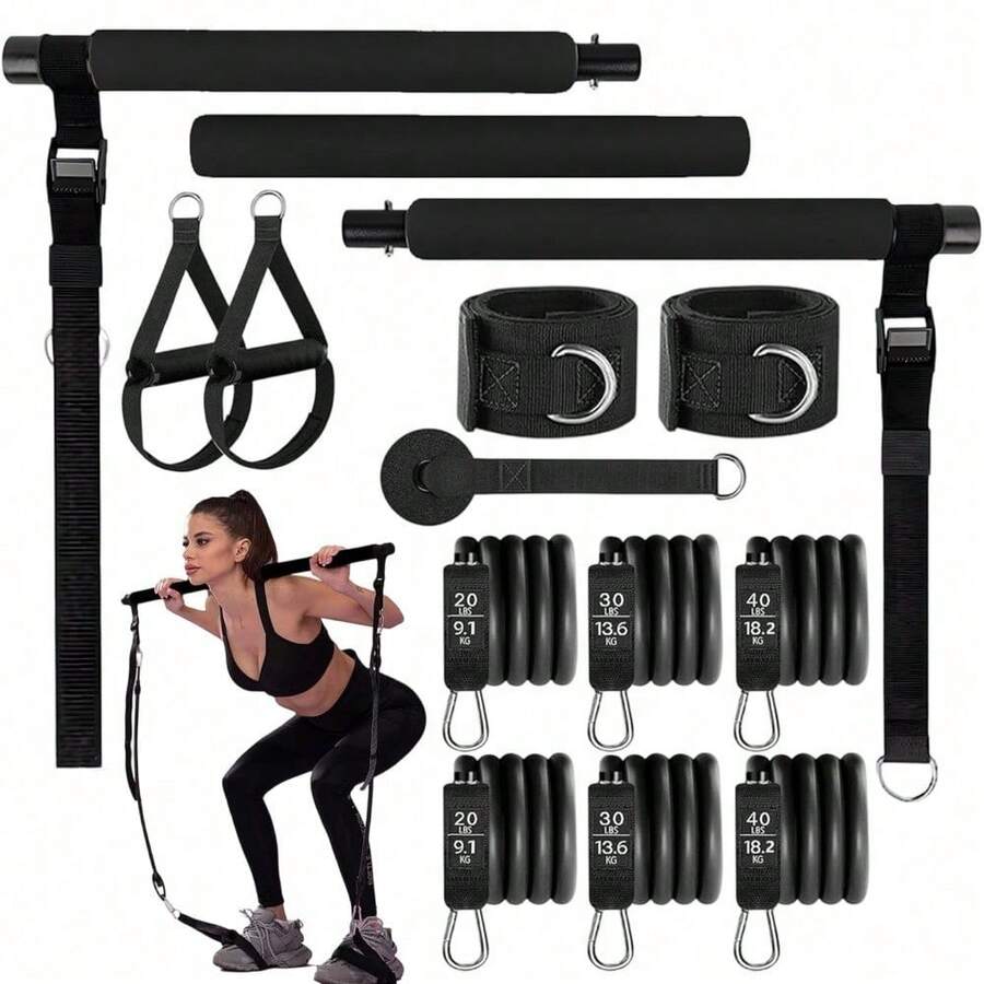 Yoga Pilates Fitness Stretching Bar Set (beinhaltet Push-Pull-Stange und 6 Widerstandsbänder) - Konzipiert für Pilates, Krafttraining, Rehabilitation und Heimfitness; tragbar und verstellbar - ideal für Ganzkörper-Workouts, Physiotherapie und Heim-Fitnessstudios. - A - Übersicht 1