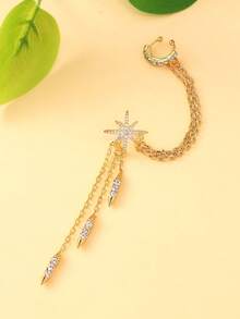 1pc Retro European & American Style Octagram Tassel Ear Cuff Earring, Sparkling Single Rhinestone Earring - Gold - View 6