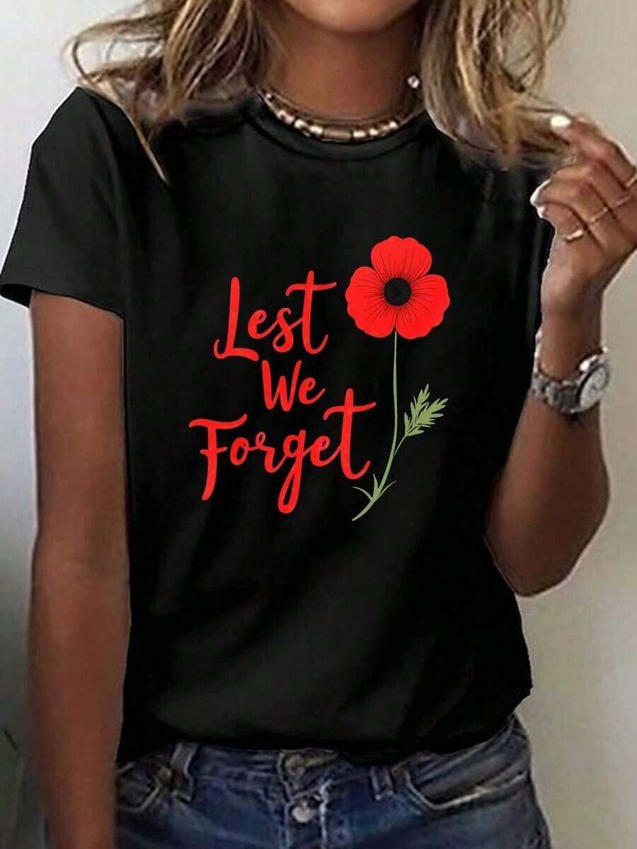 Women's 2026 Graphic Tees - Poppy "Lest We Forget" Commemorative Print T-Shirt - Short Sleeve, Crew Neck, Casual Style, Suitable For Summer And Spring, Poppy Commemorative Clothing, Machine Washable, Comfortable Casual Wear, 100% Cotton, For Summer - 黑色 - 查看 1