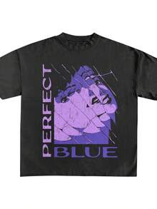 Unisex Loose-Fitting T-Shirt, Retro Blue Anime Style From The 90s. Women's Shirts, Women's Sweatshirts, Women's Casual Sweater Blouse, Summer Prom Dresses - 黑色 - 查看 1