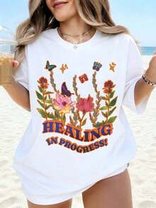 Women's Cotton T-Shirts, "Healing In Progress" Butterfly Floral Print T-Shirt, Women's Summer T-Shirt, Casual Beach Style, Plus Size, Fashion Top, Women's Basic Blouses. - 白色 - 查看 7