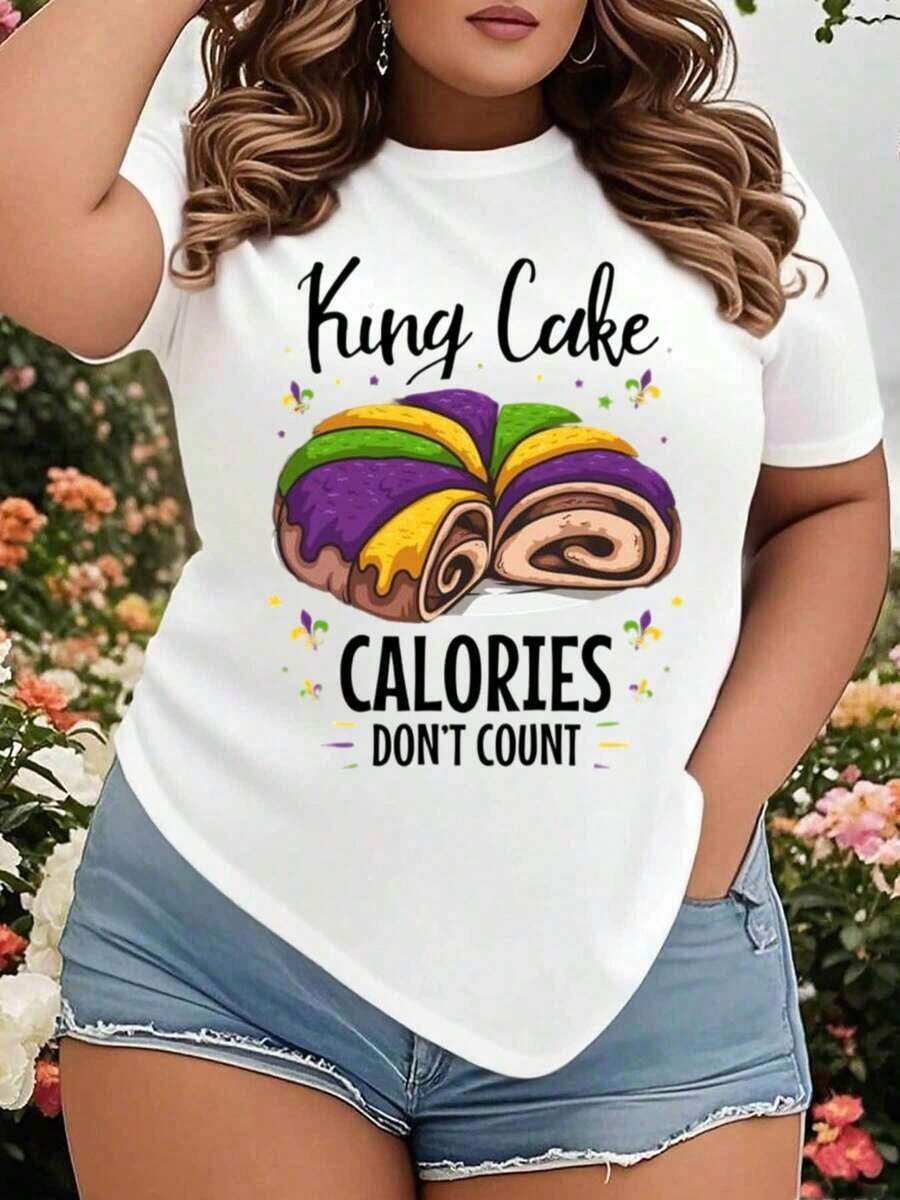 Women's Plus Size Mardi Gras T-Shirt "King Cake Calories Don't Matter", Festive Party Shirt, Carnival Costume, Celebration Gift - 白色 - 查看 1