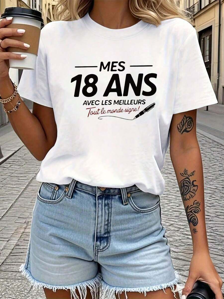 Women's T-Shirt French T-Shirt For Women "18 Years" - Ideal Gift For 18th Birthday, Suitable For Spring And Summer, Casual Short Sleeve T-Shirt With Round Neck And Letter Print, Machine Washable, Matchable Outfit For Parties And Casual Wear. - 白色 - 查看 1