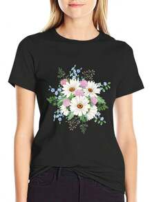 Women's Cotton T-Shirt, Round Neck, Loose Fit, Casual, With Bohemian Floral Print, Short Sleeve - Soft Light Blue, Pink, White, Brown, Beige, Suitable For Layering In Spring And Summer, Comfortable Machine Washable T-Shirt, Sweater With Geometric Pattern, Suitable For Home And Outdoor Use, Loose Women's Clothing For All Seasons, Women's T-Shirt, Women's Long Sleeve T-Shirt. - 黑色 - 查看 4