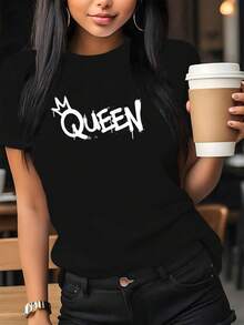 Women's Casual Short-Sleeved Cotton T-Shirt With Eye-Catching "QUEEN" Print - White Crew Neck Top, Machine Washable, Medium Stretch, Suitable For Everyday Wear In Spring And Summer, Comfortable Fit. Simple T-Shirt For Everyday Use. - 黑色 - 查看 1