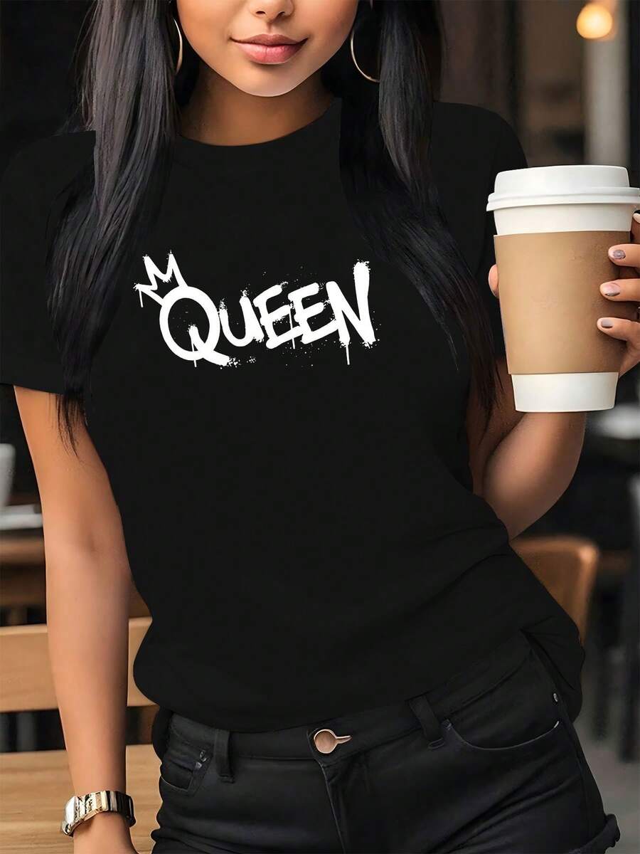 Women's Casual Short-Sleeved Cotton T-Shirt With Eye-Catching "QUEEN" Print - White Crew Neck Top, Machine Washable, Medium Stretch, Suitable For Everyday Wear In Spring And Summer, Comfortable Fit. Simple T-Shirt For Everyday Use. - 黑色 - 查看 1