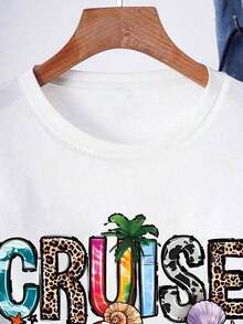 1 pieza Camiseta de manga corta con cuello redondo y estampado de letras "Cruise Life" para mujer, estilo veraniego, 180g Algodón 100% - Negro 3 - Ver 4