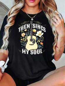 Women's Boho Style Casual T-Shirt With Guitar And Flower Design "Then Sings My Soul", Summer And Spring Clothes For Music Lovers And Gift For Her, 220g, Cool Summer Clothes For Women - 黑色 - 查看 1