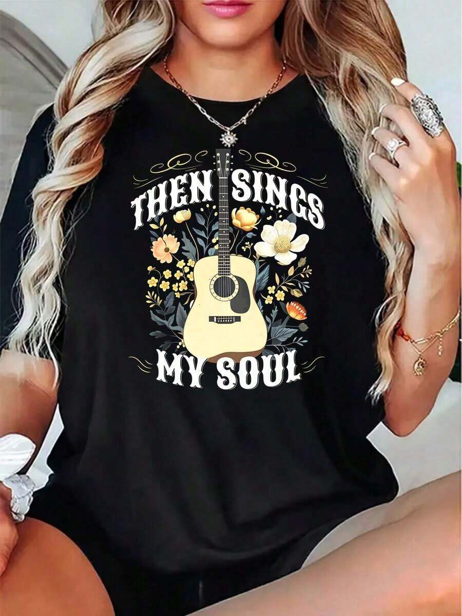 Women's Boho Style Casual T-Shirt With Guitar And Flower Design "Then Sings My Soul", Summer And Spring Clothes For Music Lovers And Gift For Her, 220g, Cool Summer Clothes For Women - 黑色 - 查看 1