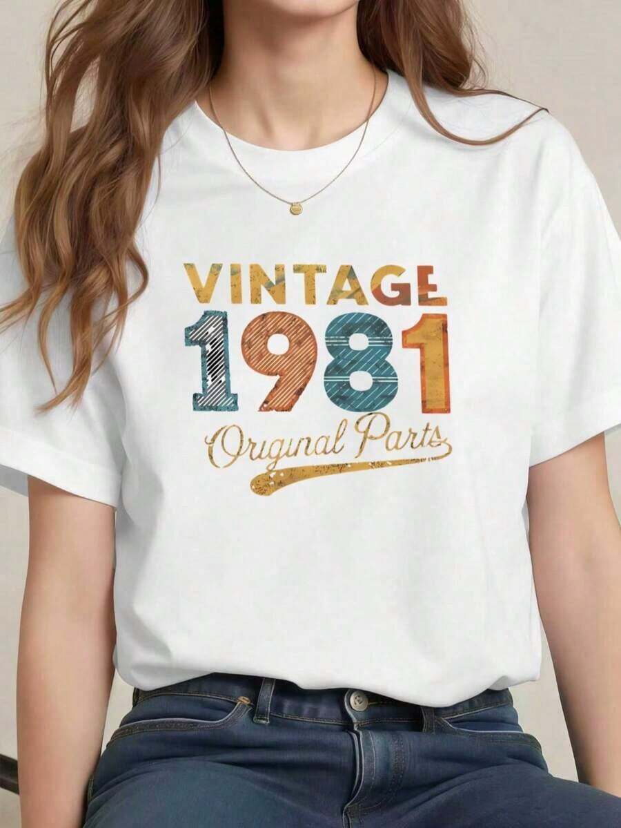 New 1981 Vintage Fashion T-Shirt, Premium Cotton, Loose Fit, Comfortable, Casual, Eye-Catching Print - Unisex Vintage Urban Style, Short Sleeve, Crew Neck - 白色 - 查看 1