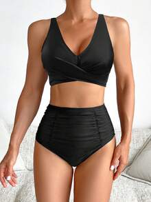 New Two-Piece Swimsuit, Sexy High-Waisted Bikini With Ruching And Solid Color. - FF879BK - 查看 1
