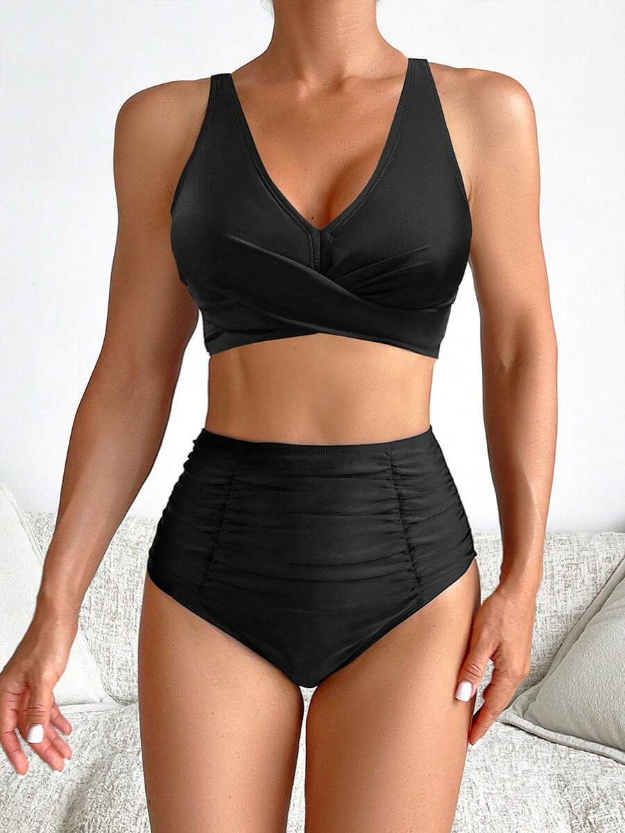 New Two-Piece Swimsuit, Sexy High-Waisted Bikini With Ruching And Solid Color. - FF879BK - 查看 1