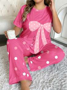 Plus Size Women's Polka Dot Bow Print Pajama Set Pink Short Sleeve Top + Long Pants Loungewear 2-Piece Set - Hot Pink - View 6