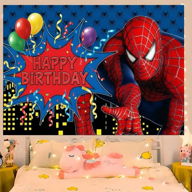 1pc Spider-Man Happy Birthday Backdrop Marvel Superhero Boy Party Decoration Cartoon Photography Background Indoor Holiday Gathering Scene Layout Cake Table Wall Tapestry Anime Fan Birthday Party Props Wall Hanging Decor - 多色 - 查看 4