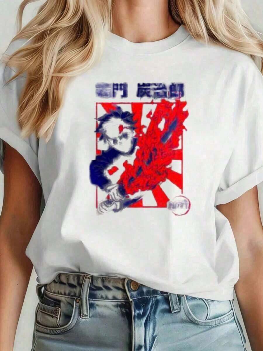 GiftCamia Short Sleeve Anime Shirt For Women And Men, Unisex, Urban Style, With Red And White Graphic Design, Japanese Inspired Clothing, Suitable For Parties, Sports, And Other Holiday Gifts. Ideal For Spring, Summer, And Autumn. Soft - 白色的 - 查看 1