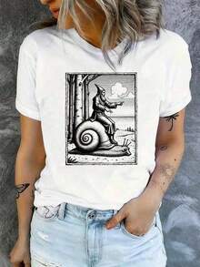 100% Cotton. One Piece Of  Women's Casual T-Shirt, Retro Medieval Style With Snail Print, Vintage 90s Renaissance And Fantasy Themed T-Shirt, Mythical Creature T-Shirt, Funny Medieval Art T-Shirt, Y2K Grunge Gift. 100% Cotton. Women's Simple Solid Color T-Shirt, Loose Fit, Short Sleeve Casual - 黑色 - 查看 4