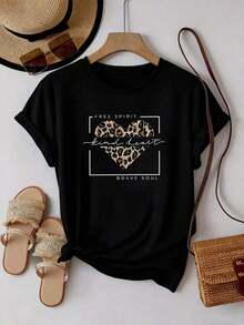 Women's Casual Short Sleeve T-Shirt, Round Neck, Drop Shoulders, With Leopard Heart Print, Regular Length - Hitam - View 2