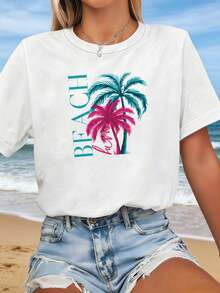 Plus-Size Women's T-Shirt For Spring/Summer With A Palm Tree Print And The Word "BEACH". Suitable For Beach Vacations, Summer Outings, Travel Souvenirs, And Everyday Casual Wear. Short Sleeves Make It Perfect For Everyday Wear. - 白色 - 查看 7