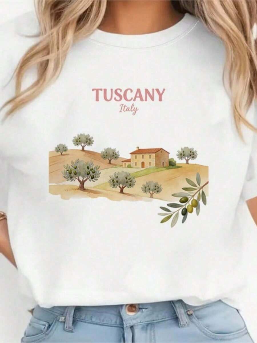 Women's Blouses, Casual Short-Sleeved Women's T-Shirt With Italian Coastal Landscape Print, 90s Graphic T-Shirt, Vintage T-Shirts, Tops, Tees, Clothing. - 白色的 - 查看 1