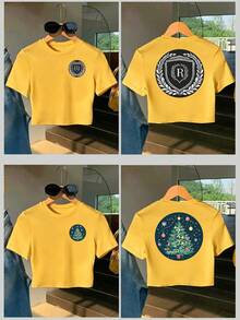 女款短版 T-shirt 上衣 黃色，新年圖案，夏季 - 黃色 - 查看 2