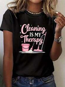Funny Men's T-Shirt "Cleaning Is My Relaxation" 180g 100% Cotton Loose Fit Short Sleeve Crew Neck With Broom And Mop Graphic Pink Soft And Breathable T-Shirt For Cleaning And Casual Wear, Elegant Blouses For Women - 黑色 - 查看 7