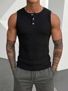 Edición de verano Camiseta de tirantes tipo henley acanalada para hombre, camisa sin mangas de ajuste ceñido y transpirable con botones de media cartera - Negro - Ver 2