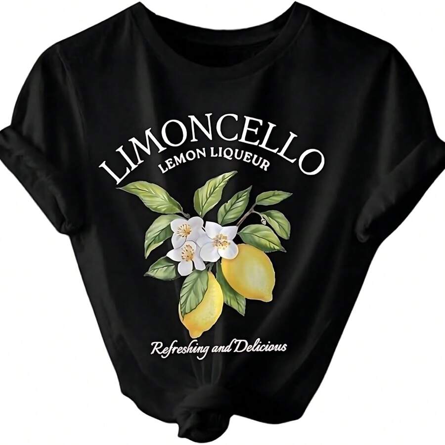 Women's T-Shirt With Lemon And Fruit Lettering Print, Casual Short-Sleeve Graphic Tee, Black - Black - View 1