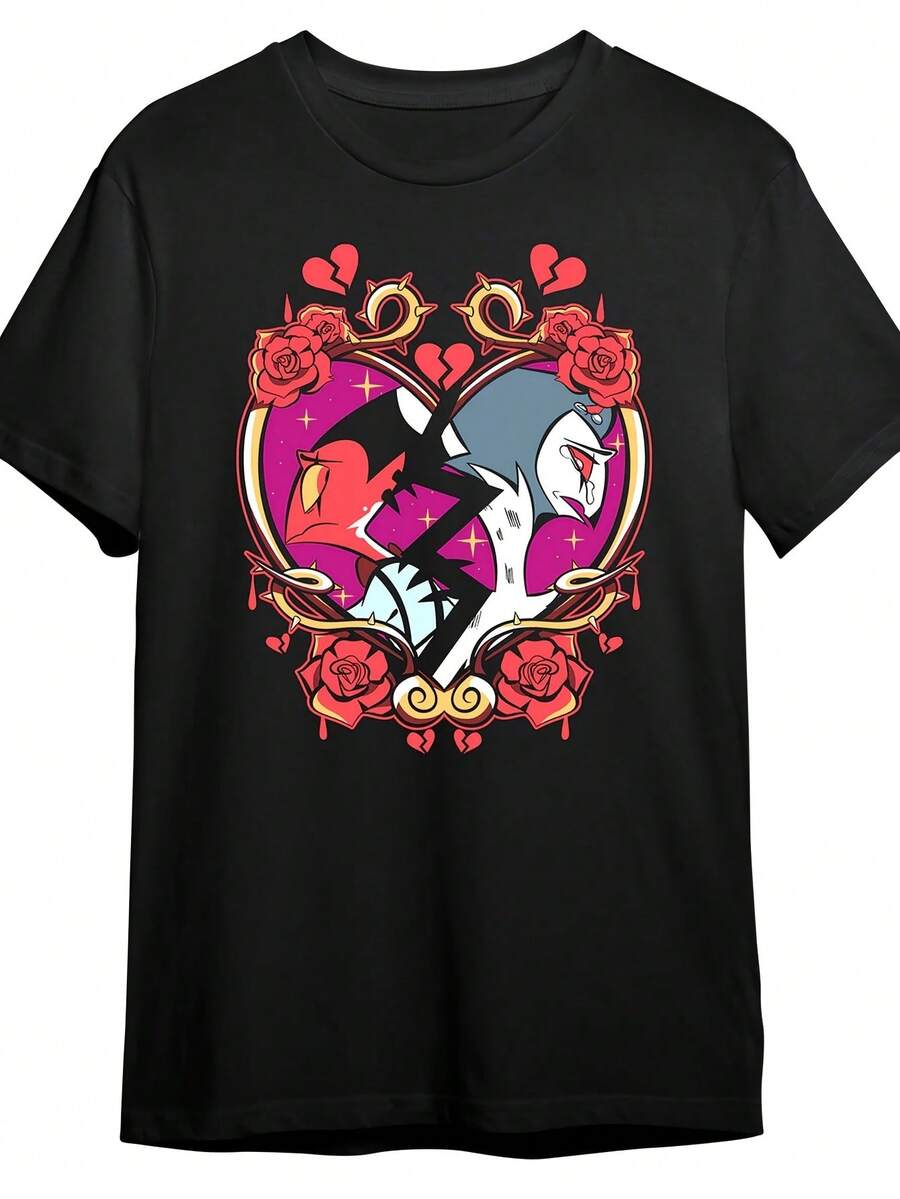 Men's Unisex Summer Breathable Short-Sleeve T-Shirt With A Fun Broken Heart Print, Retro Style. Anime Style T-Shirt. Sizes From S To 3XL. Lightweight, Comfortable, Versatile, Casual Everyday Shirt, Sporty Style. Style, Outdoor Activities, Street Style, Fashionable Fashion, Attractive Climate, Summer Clothes, Casual Wear, Party Set, Perfect For Vacation & Playtime, Great For Party & Family, Vacation, Perfect For Daily Wear, Clothing Set & Gift. - 黑色 - 查看 1