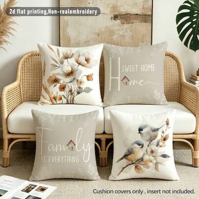 4pcs Brown & White Floral With Blue Bird Pattern Cushion Cover Set, Single-Sided Soft Peach Velvet Material, 45*45CM Pillow Case Suitable For Indoor Decor, Party Decoration, Decorative Pillow Gift