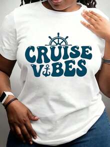 1 Piece Cotton T-Shirt Printed With Nautical Design Lady Cruise Vibes, Casual Round Neck, Soft, Comfortable And Elastic Fabric, Ideal For Holidays, Travel, Outings, Daily Use, Perfect Gift For Family Or Loved Ones, Seasonal Celebration, Style For Four Seasons, 180g 100% Cotton. - 黑色 - 查看 11