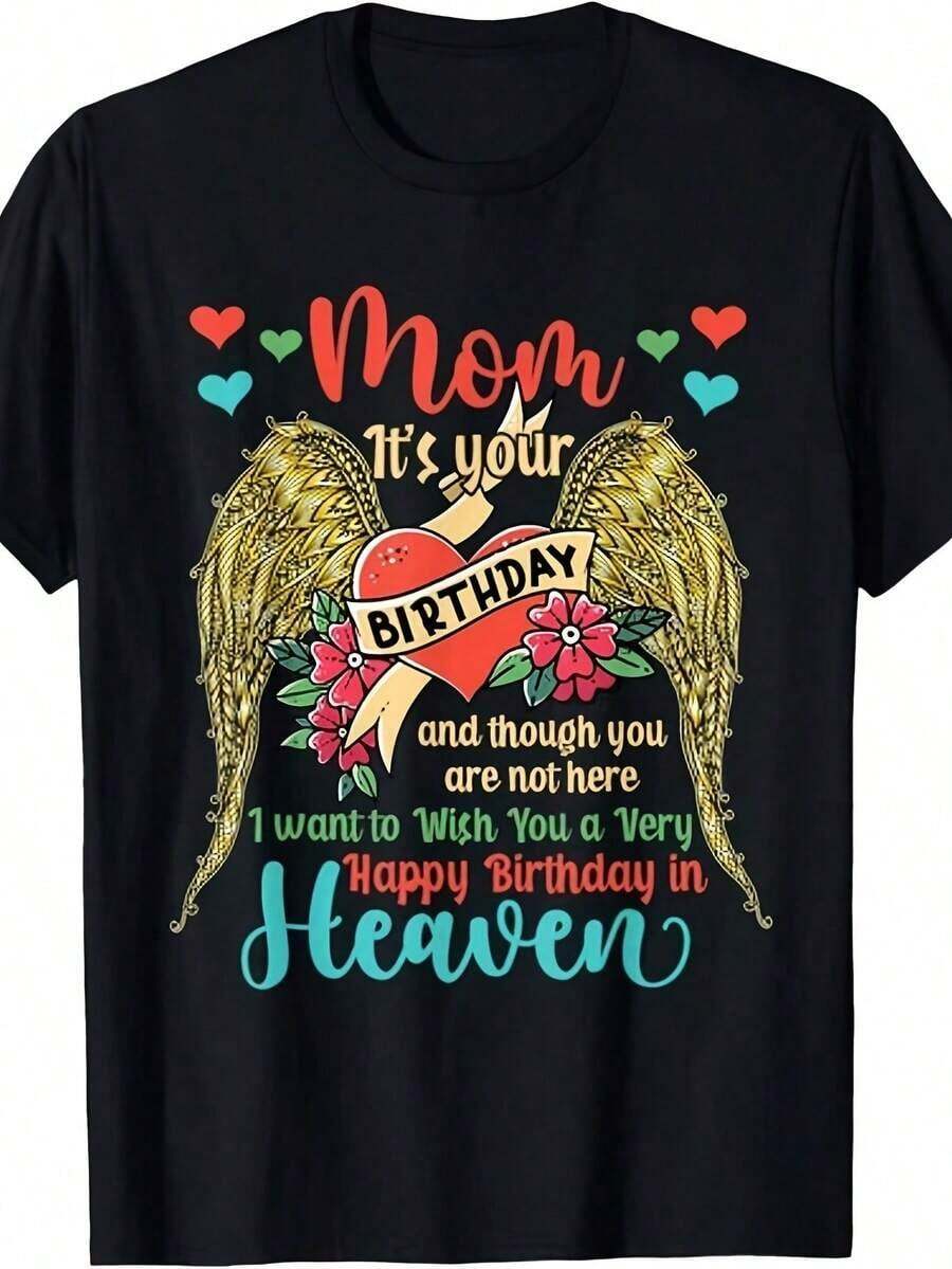 Short-Sleeve Soft Graphic T-Shirt - Remembering Mom's Birthday In Heaven - Memorial Gift With Angel Wings And Cake Design - Unisex Adult Mourning Wear - Soft Cotton T-Shirt For Mother's Day, Birthdays. 100% Cotton. - 黑色 - 查看 1