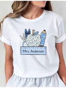 Women's Casual Sports T-Shirt With Apple And Pencil Cartoon Design - White Elastic Crew Neck T-Shirt, Machine Washable, Comfortable Fit For All Seasons, Fun Casual Clothing. - 白色 - 查看 7