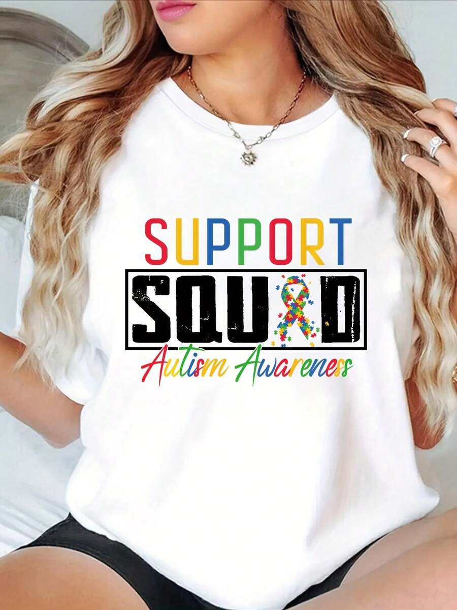 Women's Casual White Sports T-Shirt With Colorful Autism Awareness Text - Elastic Crew Neck T-Shirt, Machine Washable, Comfortable Fit And Suitable For All Seasons, To Pair With Black Shorts. - 白色 - 查看 1