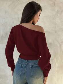 Top de manga larga asimétrico de hombro de punto de color albaricoque para mujer, otoño/invierno - Burdeos - Ver 2