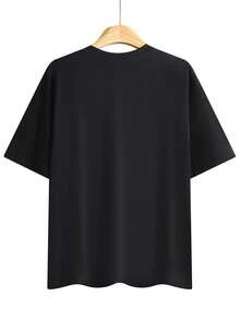 | Exquisite Design | Loose And Comfortable | Easy To Match | Women's Vintage Style Loose Fit Pure Cotton T-Shirt For Spring And Summer, Pencil Plaid Pattern Top, TEACH Print, Casual, Loose Fit, Short Sleeve, Round Neck, Women's Loose Fit Off-The-Shoulder Pure Cotton T-Shirt [Hongk]. - 黑色 - 查看 2