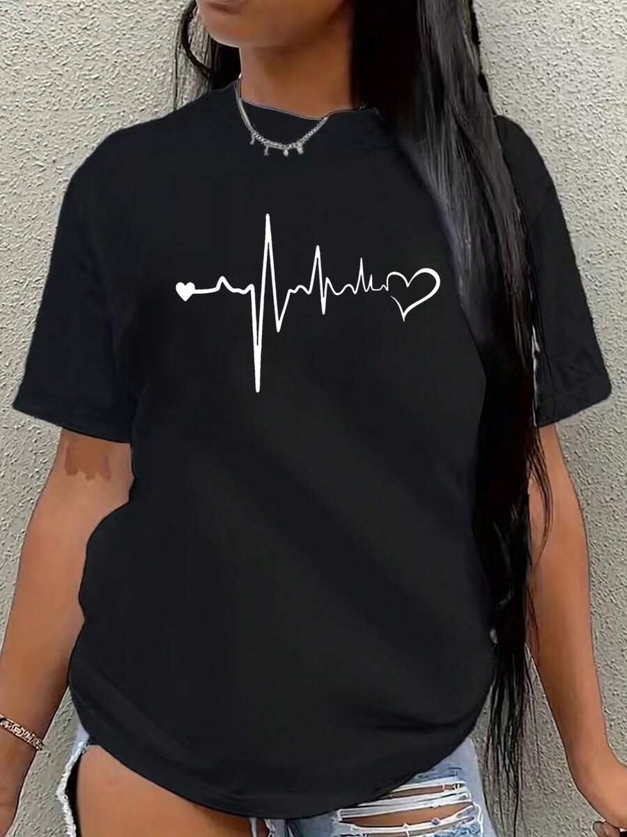 Women's Short-Sleeved T-Shirt With Heart Print And Round Neck, Casual And Comfortable, Soft And Breathable, Classic Design, Versatile For Daily Wear, Good Elasticity, Lightweight And Breathable Fabric, Machine Washable, Comfortable T-Shirt For Daily Wear, Suitable As A Top Or T-Shirt For Women In Spring, Summer And Autumn. - 黑色 - 查看 1