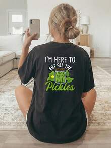 Camiseta de Verano Premium Estampada para Mujer [Estampado a Doble Cara], Camiseta de Manga Corta con Cuello Redondo, Estampado de Pepinillo Verde y Texto, Lavable a Máquina, Adecuada para Uso Casual, Ropa Multiusos, Camiseta Moderna y a la Moda, Material Cómodo, para Entusiastas del Estilo. - Negro - Ver 3