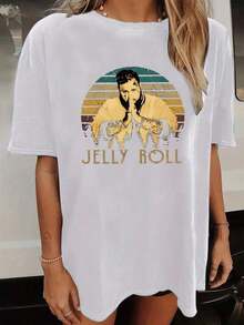 Women's Oversized Loose Fit JELLY ROLL Print T-Shirt - Casual Polyester Crew Neck Top, All-Season Comfort, Festive Holiday Top, 1 Piece, Crew Neck, 100% Cotton, Soft Fabric, Short Sleeve - 白色 - 查看 1